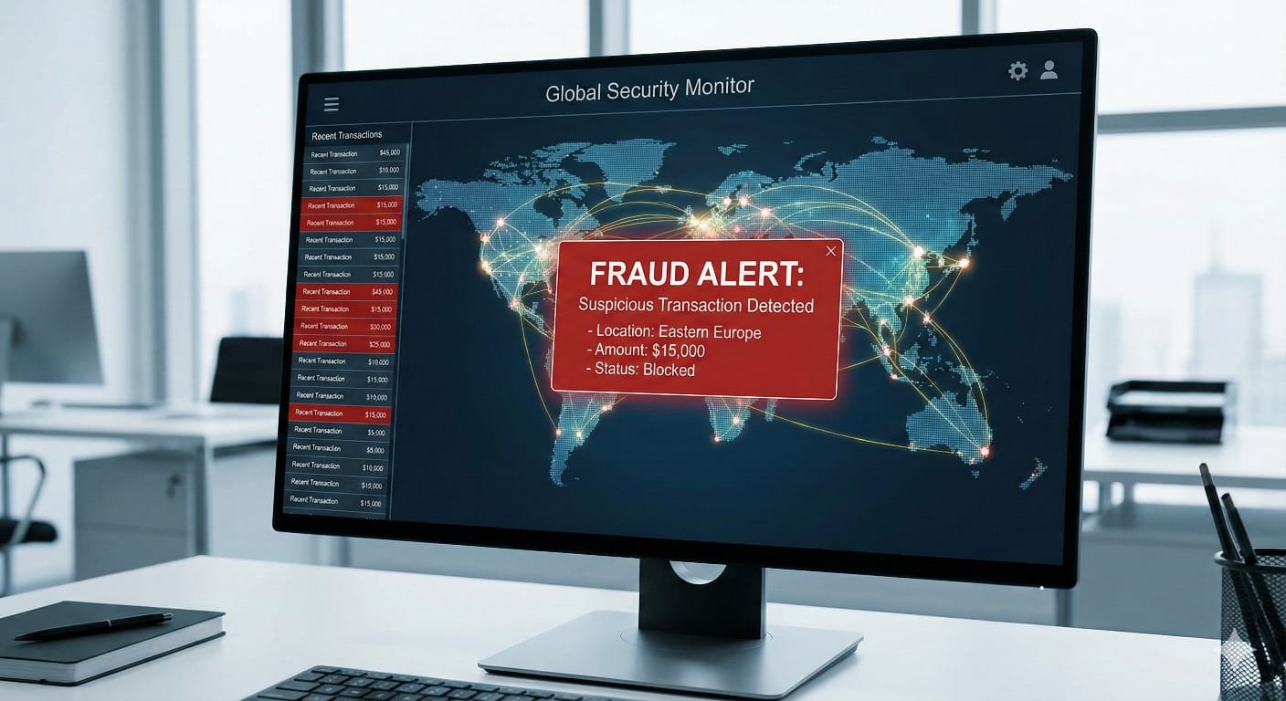 AI Fraud Detection Dashboard showing Anomaly Alert